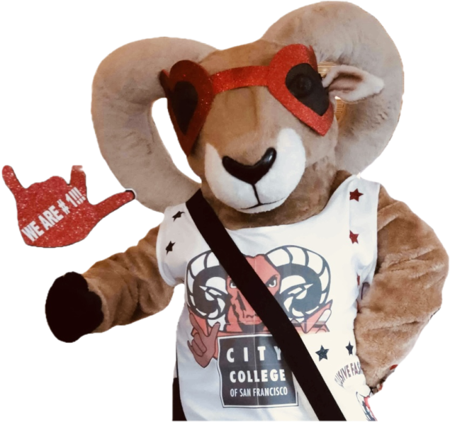 Photo of CCSF mascot: a person dressed up with a costume of a brown ram