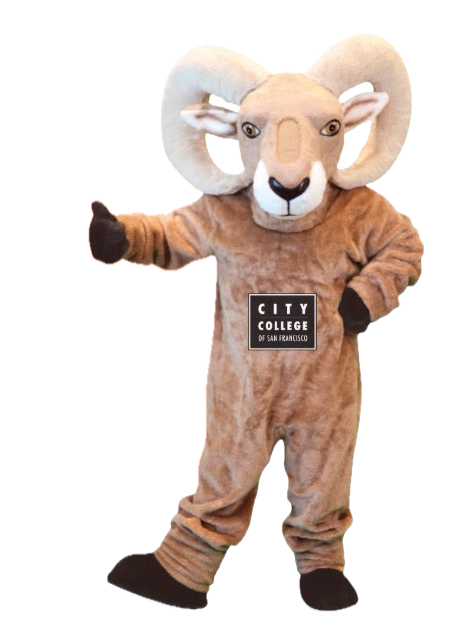 Photo of CCSF mascot: a person dressed up with a costume of a brown ram
