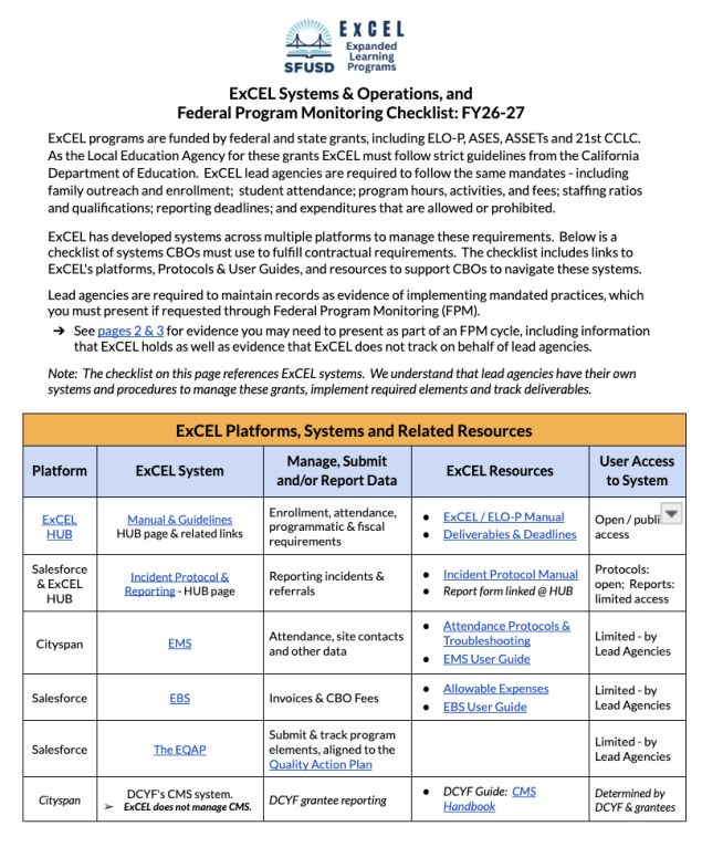 A document that has ExCEL Systems and Deliverables listed for fiscal year 26-27. 