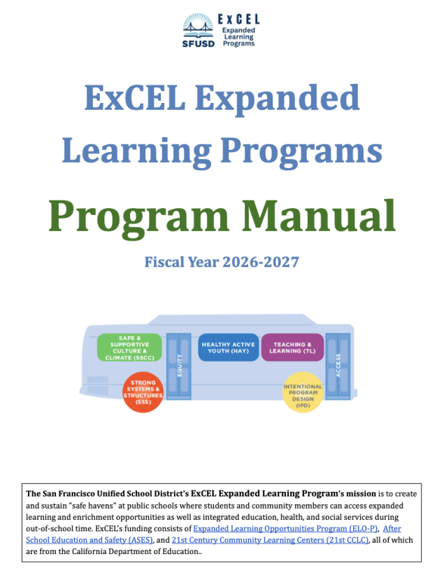 The text reads ExCEL Expanded Learning Programs' Program Manual with a image of the Quality Action Bus.