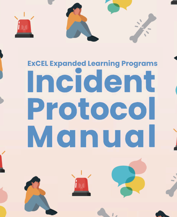 ExCEL Incident Protocol Manual cover with images of chat box, person crying and siren.