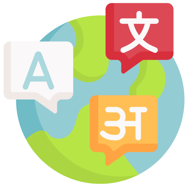 Globe with speech bubbles in different writing systems