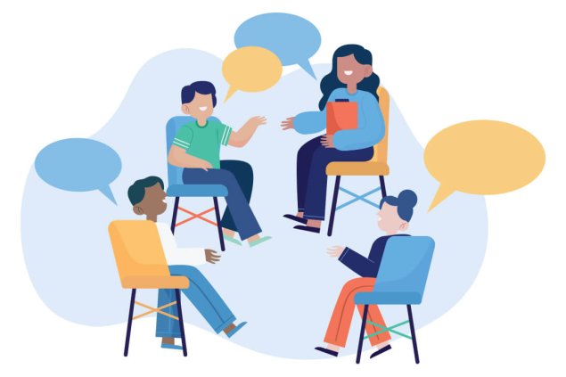 Illustration of students talking in a circle