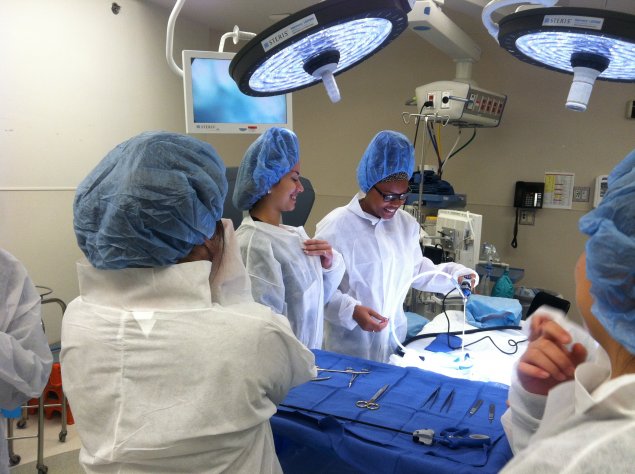 Students are on a workplace tour of a hospital. 