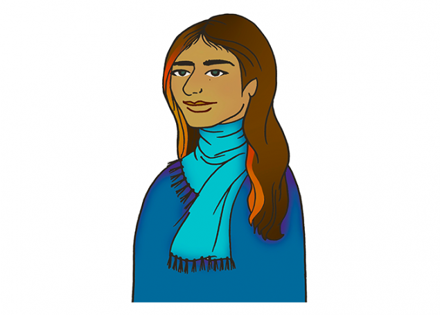 Hand drawn image of woman wearing blue scarf and sweater