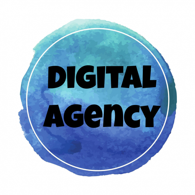 Blue watercolor circle with black lettering "digital agency"