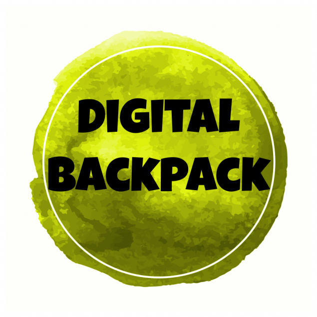 green watercolor circle with black lettering that says "digital backpack"