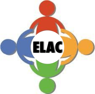 A circular icon of different colored people holding hands with ELAC in the middle
