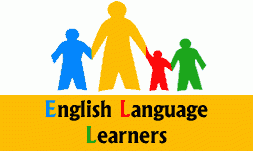 An image of an adult and children in color standing over the words English Language Learners