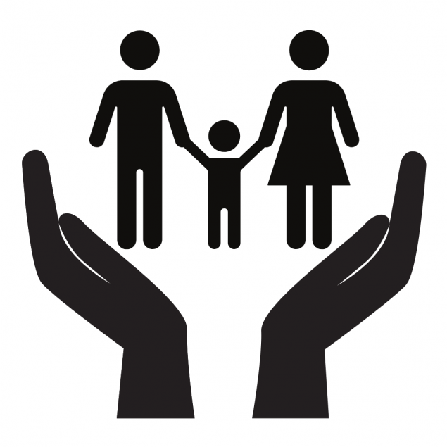Two parents holding child's hand with hands surrounding family