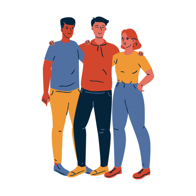 Three young adults embracing in comradeship