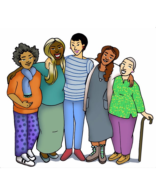 Group of five diverse women hugging shoulders