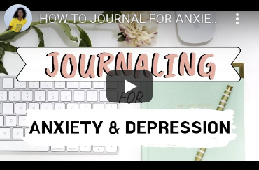 Video icon with mac keyboard, some decorations, a green journal and text that reads: Journaling for anxiety and depression