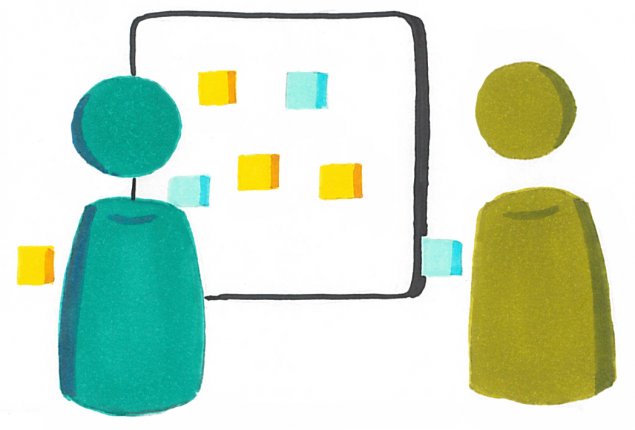 two clipart people talking in front of a board with post-its