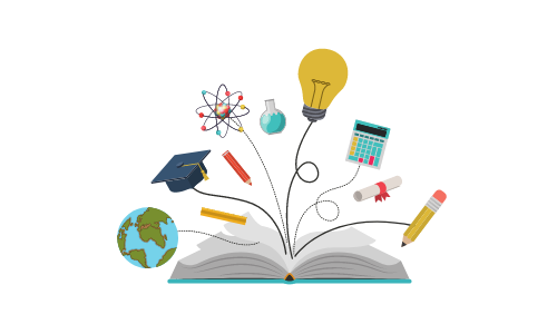 Clipart of open book with educational items coming out from the pages