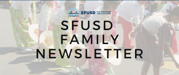 Students performing a Filipino hat dance overlaid by the SFUSD logo and text that says SFUSD Family Newsletter