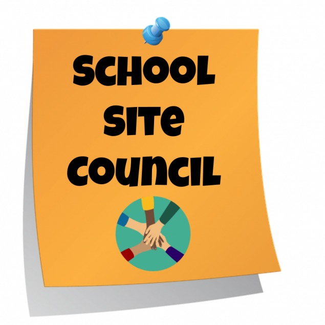 orange post it with school site council in black letters and clipart of hands in a circle