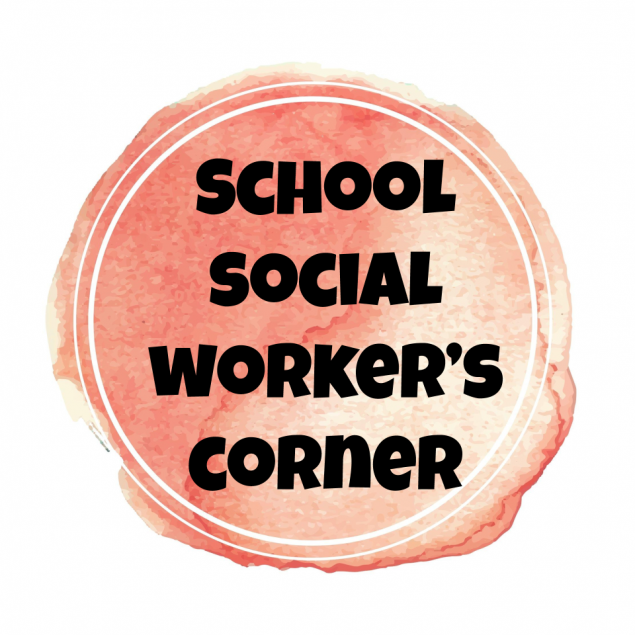 Peach watercolor circle with black text "school social worker's corner"