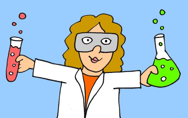 Drawing of woman holding beakers with colored liquids