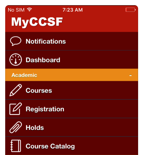 screen shot of MyCCSF app 