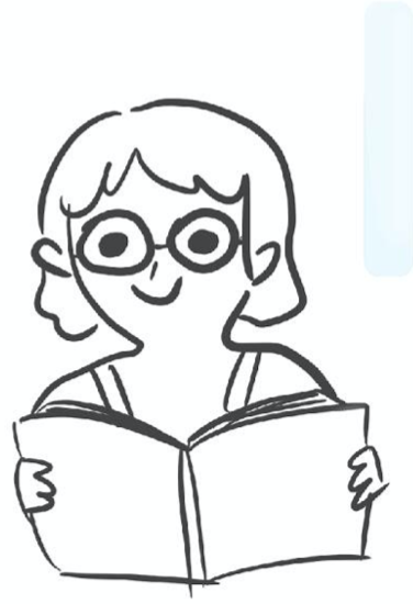 a cartoon drawing of a person with glasses reading a book