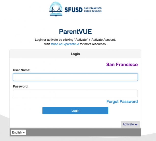 Screenshot of the ParentVue login page
