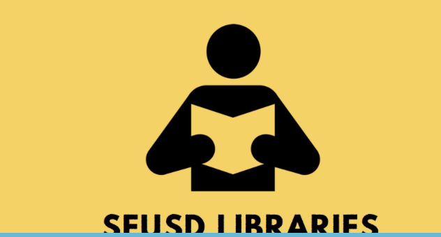 Clip art of person reading book with text SFUSD Libraries below 