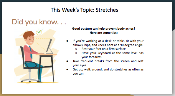 Slide introducing the topic of stretches for wellness video. Cartoon image of boy at desk with computer. 