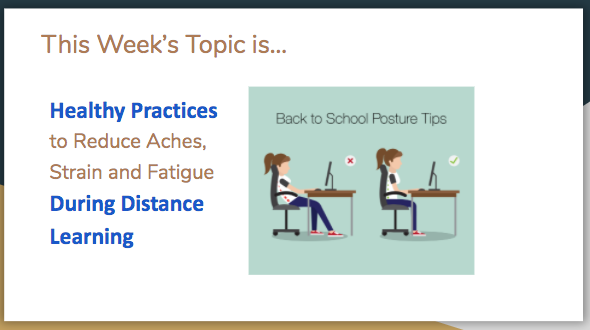 Slide introducing the topic of reducing aches, strain, and fatigue. Cartoon of girl at desk with good and bad posture. 