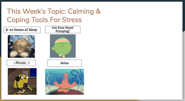 Slide introducing topic of calming and coping tools for stress. Gifs of sleepy kitten, cartoon characters running, meditating, and listening to music. 