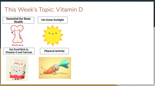 Slide introducing topic of vitamin D. Cartoons of bone, milk carton, sun, and carrot exercising. 