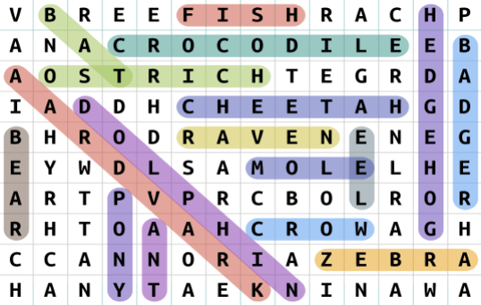 Image of word puzzle and highlighted colors