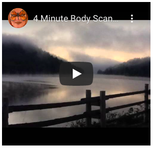 Text reading "4 Minute body Scan..." with play button icon and lake in the background