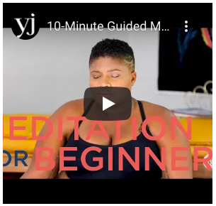 Text reads "10-Minute Guided Meditat..." with play button icon and a women in the background seated practicing meditation