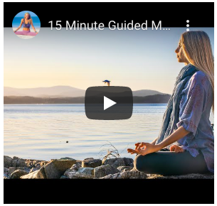 Text reads "15 Minute Guided Meditat..." with play icon and a women seating by the shore