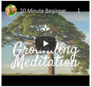 Text reads" For teens Grounding Meditation" with play icon and a huge tree in the background