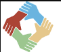 Four different colored hands grabbing each other by the forearm in a square to signify unity