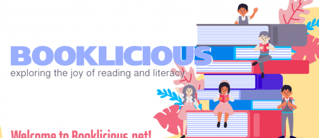 Image of the frontpage for the website where the word booklicious is centered and an image of children around giant books stand on the right.