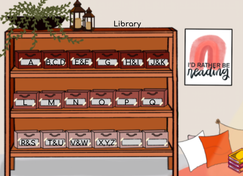 A brown bookshelf with leveled books from the Hoopla collection