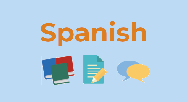 Spanish language banner with reading, writing, speaking icons