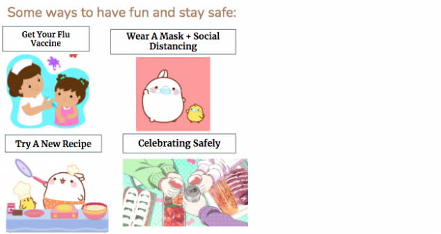 Slide introducing topic of having fun and staying safe during the holiday break. Cartoon of child getting vaccination, a bunny cooking, a bunny wearing a mask, and animation of cups clinking over a picnic mat and food. 