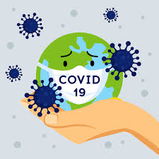 An earth is worried about Covid-19 and it wears a mask while it's held up by a hand