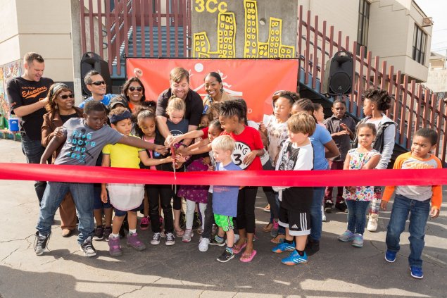 Drew Elementary School students at a ribbon-cutting ceremony