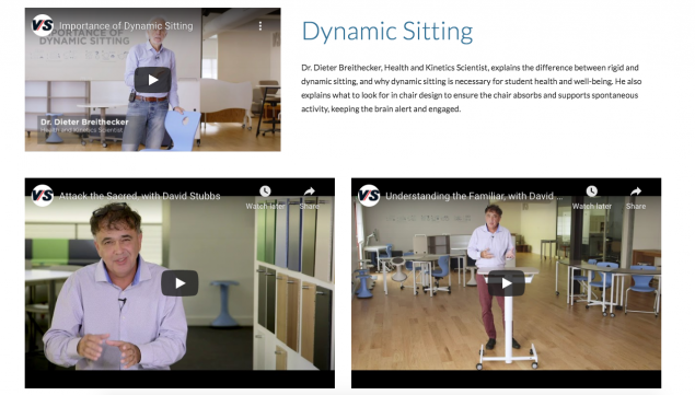 A screen shot of a website with videos about dynamic seating in classrooms 