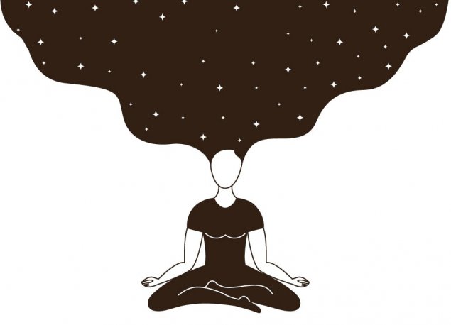 Person meditating with hair that becomes the sky 