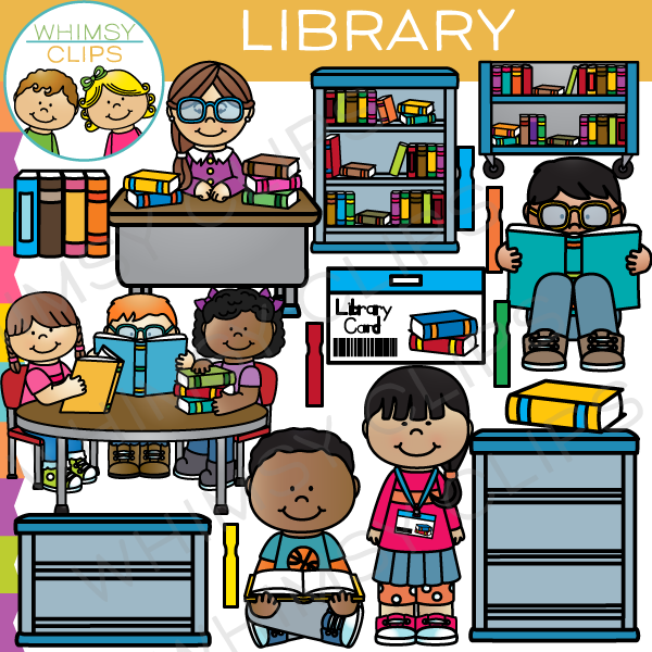Clipart of a school library with children, books, teacher.